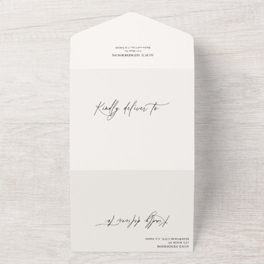 Beige kalligrafie Monogram formele QR-code bruilof All In One Uitnodiging (Buitenkant)