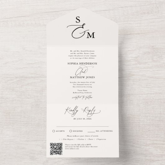 Beige kalligrafie Monogram formele QR-code bruilof All In One Uitnodiging (Binnen)
