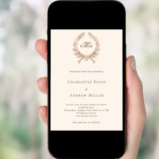 Beige kam monogram formele bruiloft kaart