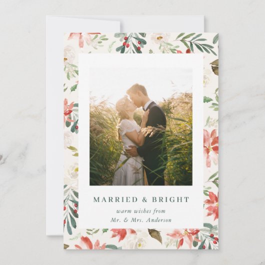 Beige Kerst Bloemen Getrouwd en Bright Pas getrouw Feestdagenkaart (Voorkant)