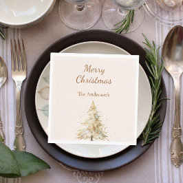 Beige kerst lunchtak met besneeuwde boom servet