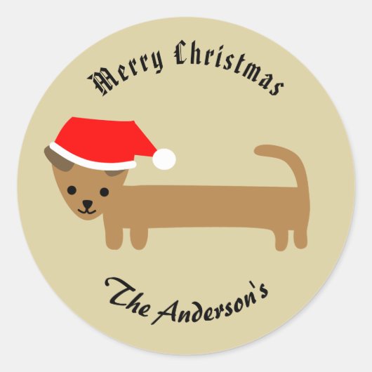 Beige Kerstmis Wiener Hond Vrolijk Kerstfeest Ronde Sticker (Voorkant)