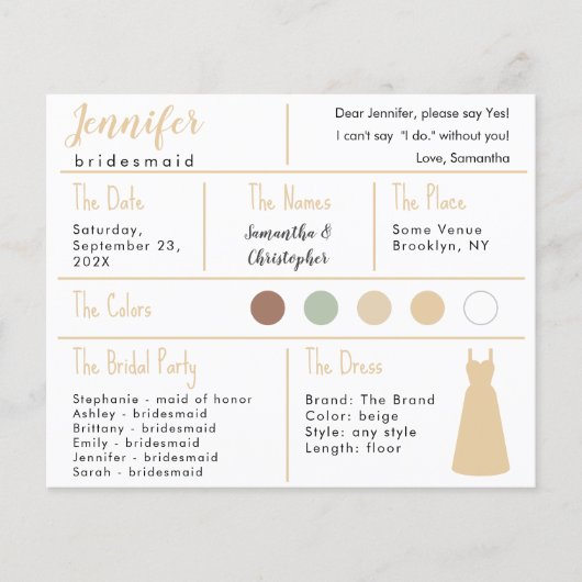 Beige Kleding Kleur Bruidsmeisje Informatie Kaart (Voorkant)