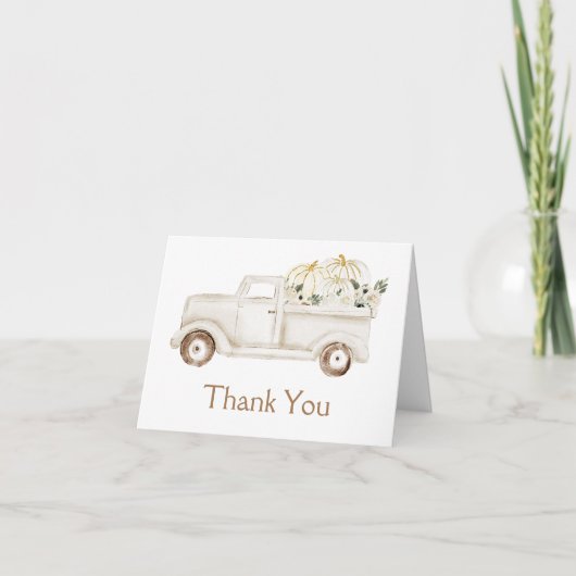 Beige Kleine Pompoen Truck Baby shower Foto Bedankkaart (Voorkant)