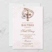 Beige kruisbeeld doop Spaanse uitnodiging (Voorkant)