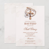 Beige kruisbeeld doop Spaanse uitnodiging (Voorkant / Achterkant)