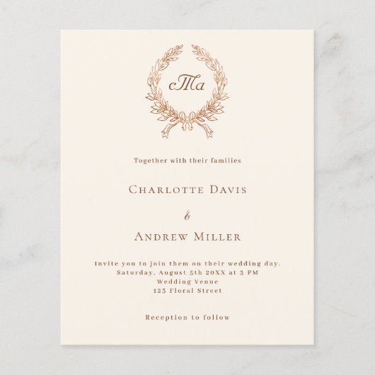 Beige kuif monogram budget bruiloft uitnodiging (Voorkant)