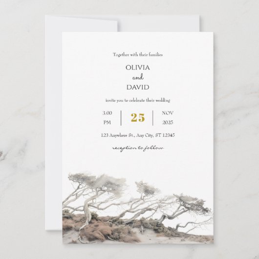 Beige Kust Windswept Trees Uitzicht Beach Wedding Kaart (Voorkant)