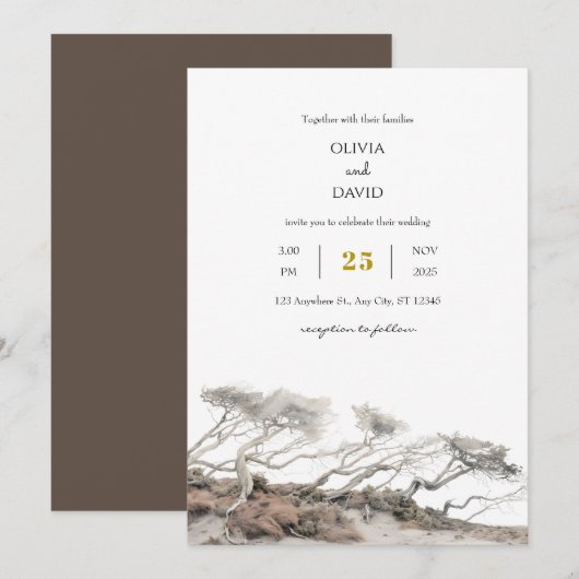 Beige Kust Windswept Trees Uitzicht Beach Wedding Kaart (Voorkant / Achterkant)