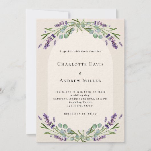 Beige lavendel bloemengroen luxe bruiloft kaart (Voorkant)