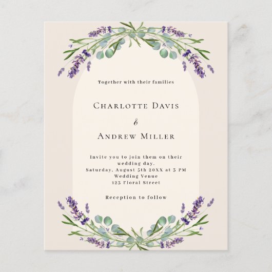 Beige lavendel boog budget bruiloft uitnodiging (Voorkant)