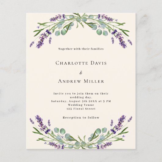 Beige lavendel paarse budget bruiloft uitnodiging (Voorkant)