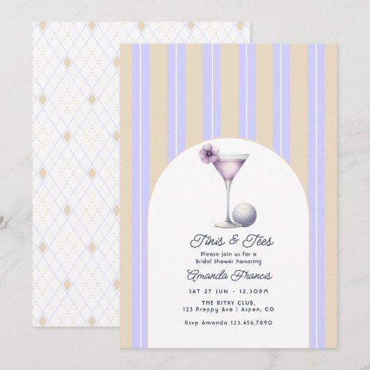 Beige Lavendel Preppy Martini Golf Bruiloftsborrel Kaart (Voorkant / Achterkant)