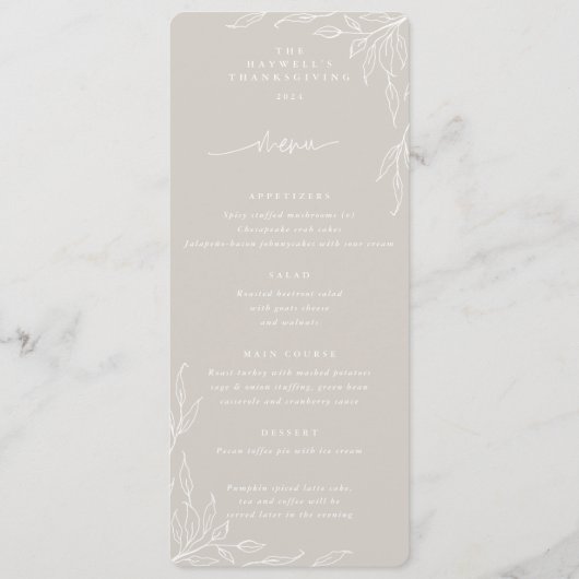 Beige Leaf Motif Thanksgiving Flat 4 Course Menu (Voorkant)