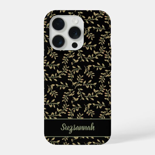 Beige Leaf Pattern op Black Background Custom iPhone Hoesje (Achterkant)