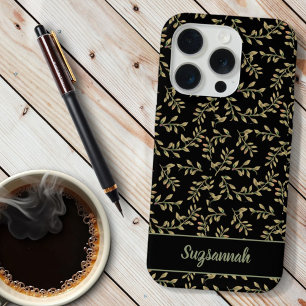 Beige Leaf Pattern op Black Background Custom iPhone 15 Pro Case