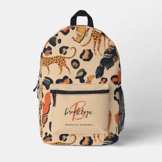 Beige Leopard Print Monogram Naam Terug naar schoo Bedrukte Rugzak (Voorkant)