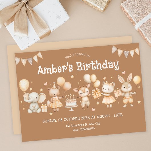 Beige leuke leuke dier verjaardagsfeestje kaart