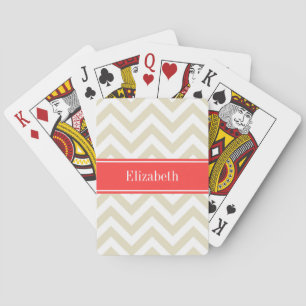 Beige Lg Chevron Coral Red Name Monogram Pokerkaarten