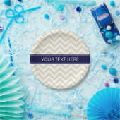 Beige Lg Chevron Navy Blue Name Monogram Papieren Bordje (Feest)