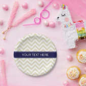 Beige Lg Chevron Navy Blue Name Monogram Papieren Bordje (Feest)