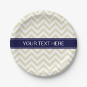 Beige Lg Chevron Navy Blue Name Monogram Papieren Bordje (Voorkant)