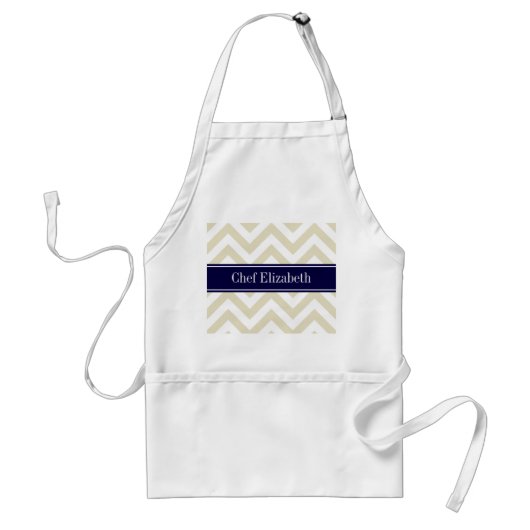 Beige Lg Chevron Navy Blue Name Monogram Standaard Schort (Voorkant)