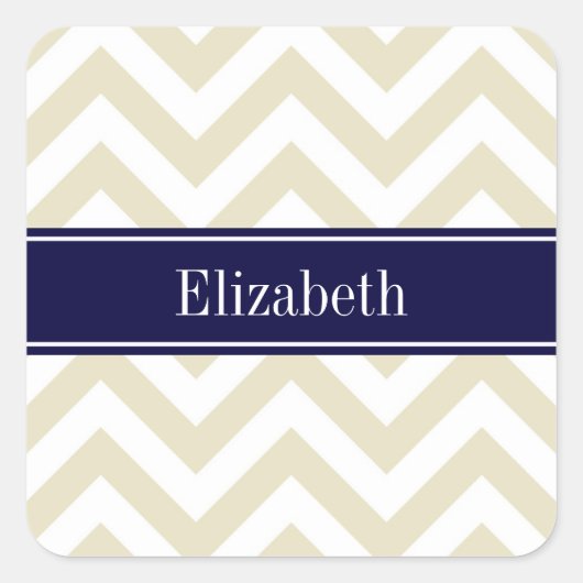 Beige Lg Chevron Navy Blue Name Monogram Vierkante Sticker (Voorkant)