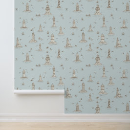 Beige & Lichtblauwe Vuurtoren Kust Toile Behang