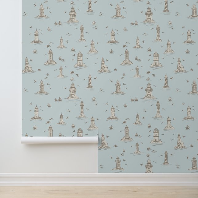 Beige & Lichtblauwe Vuurtoren Kust Toile Behang (Applicatie)