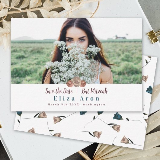 Beige Light Mauve Rozen Bat Mitzvah Save the Date Advieskaart