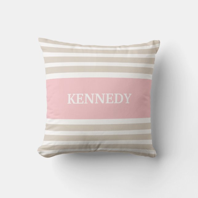 Beige Light Roze Stripes Monogram Kussen (Voorkant)