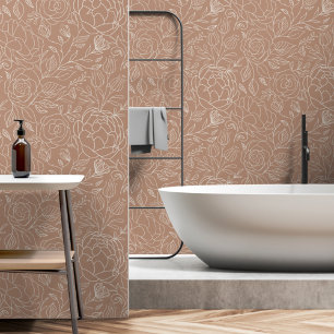 Beige lijntekening bloemig botanisch patroon behang