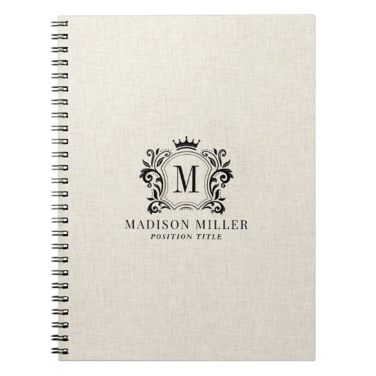 Beige Linen Black Royal Crest Crown Monogram Notitieboek (Voorkant)