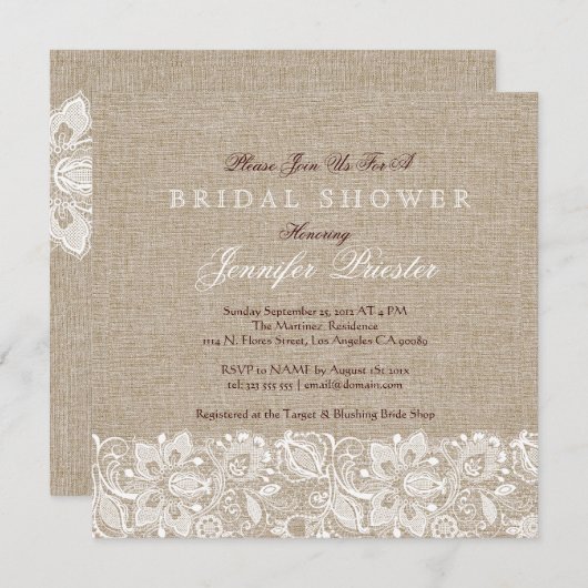 Beige Linen Burlap & White Floral Lace 2 Invite Kaart (Voorkant / Achterkant)