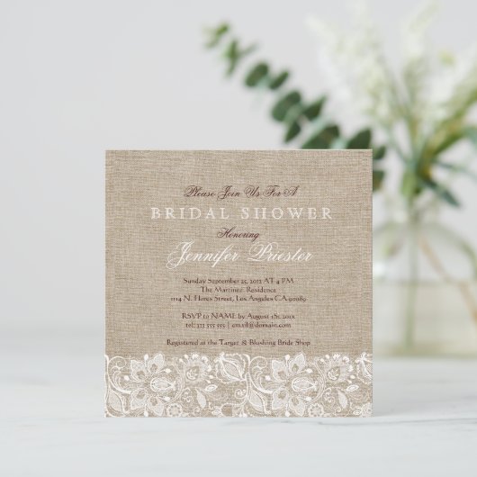 Beige Linen Burlap & White Floral Lace 2 Invite Kaart (Staand voorkant)