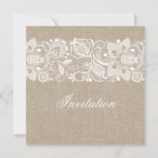 Beige Linen Burlap & White Floral Lace 2 Invite Kaart (Achterkant)
