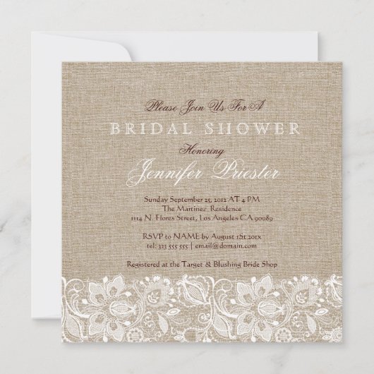 Beige Linen Burlap & White Floral Lace 2 Invite Kaart (Voorkant)