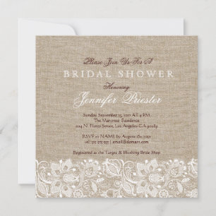 Beige Linen Burlap & White Floral Lace 2 Invite Kaart