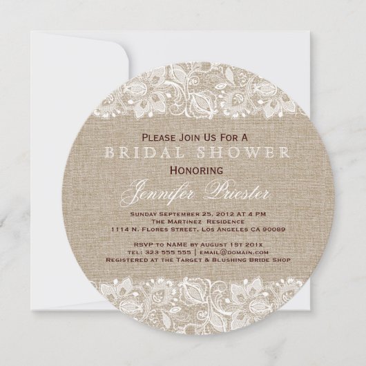 Beige Linen Burlap & White Floral Lace 2 Invite Kaart (Voorkant)