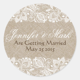 Beige Linen Burlap & White Floral Lace 2 Invite Ronde Sticker