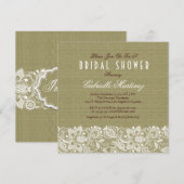 Beige Linen Burlap & White Floral Lace Invite Kaart (Voorkant / Achterkant)