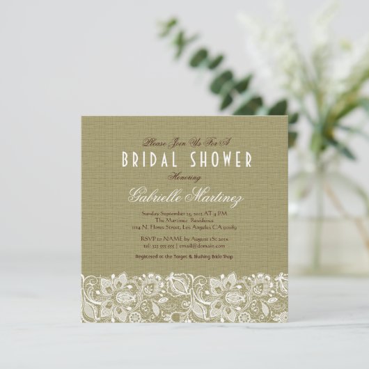 Beige Linen Burlap & White Floral Lace Invite Kaart (Staand voorkant)