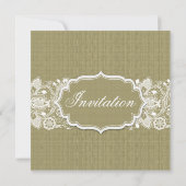 Beige Linen Burlap & White Floral Lace Invite Kaart (Achterkant)