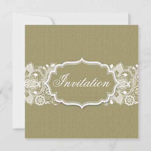 Beige Linen Burlap & White Floral Lace Invite Kaart (Achterkant)