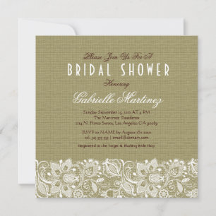 Beige Linen Burlap & White Floral Lace Invite Kaart
