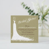 Beige Linen Burlap & White Wedding Dress Invite Kaart (Staand voorkant)