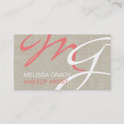 Beige Linen Coral Monogram Modern Visitekaartje (Voorkant)