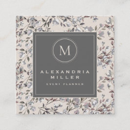 Beige Linen Elegant Floral | Monogram Medallion Vierkante Visitekaartje