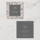Beige Linen Elegant Floral | Monogram Medallion Vierkante Visitekaartje (Voorkant / Achterkant)